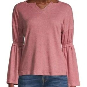 BAEA Nordstrom Flare Bell Sleeve Waffle Knit Thermal V-neck Top Blouse Blush L